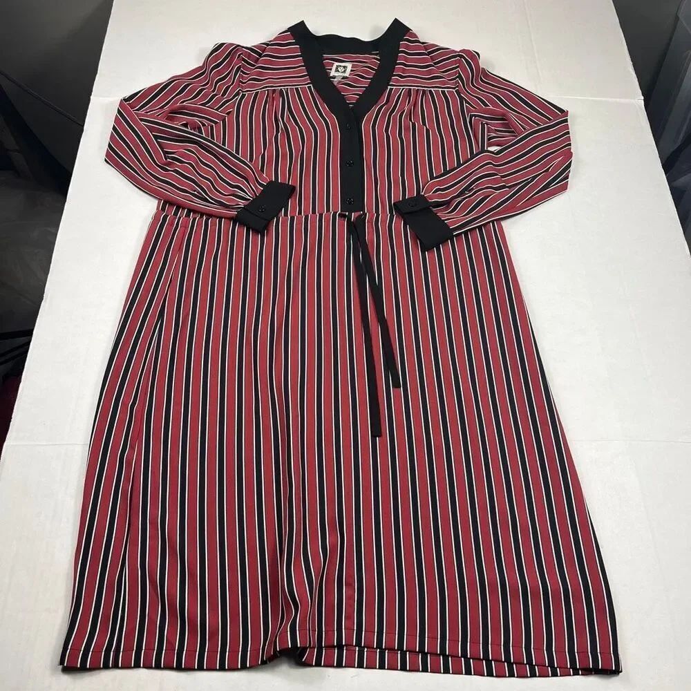 Anne Klein Long Sleeve Shift Dress Striped Cinch Tie Waist Workwear Pullover M